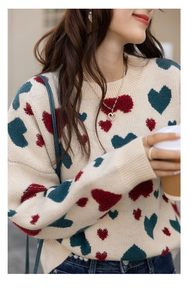 Zairaelle | Cozy Heart Print Oversized Sweater for Women