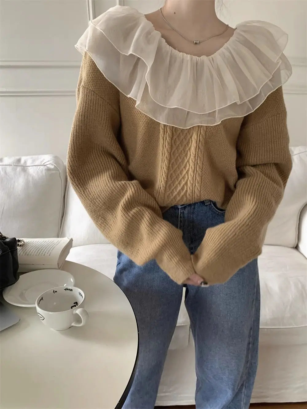 Saphielle | Cozy Ruffled Collar Sweater for Women Fashion