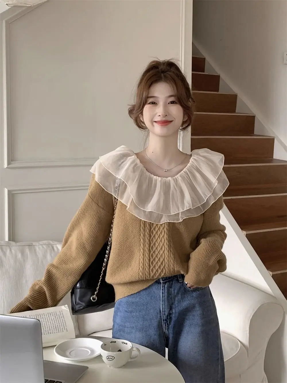 Saphielle | Cozy Ruffled Collar Sweater for Women Fashion